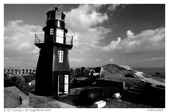 Fort Jefferson lighthouse overlooking Ocean,  early morning. Dry Tortugas National Park (black and white)