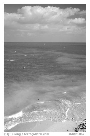 Open ocean view with beach, turquoise waters and surf. Dry Tortugas National Park (black and white)