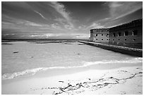 Beach and Fort Jefferson. Dry Tortugas National Park, Florida, USA. (black and white)