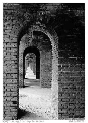 Arches on the second floor of Fort Jefferson. Dry Tortugas National Park (black and white)