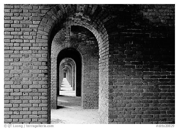 Gallery of brick arches, Fort Jefferson. Dry Tortugas National Park (black and white)