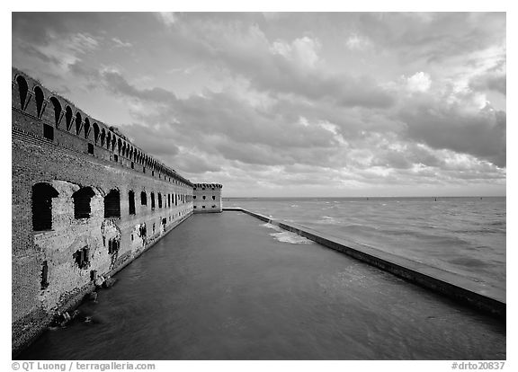 Fort Jefferson wall, moat and seawall, late afternoon light. Dry Tortugas  National Park (black and white)