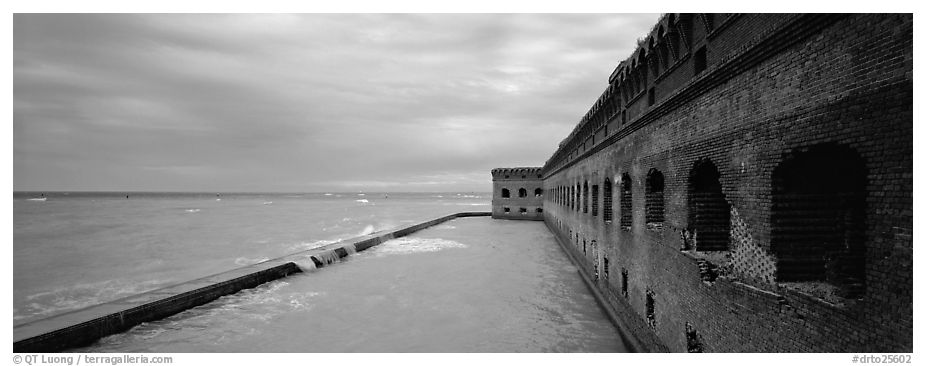 Oceanscape with brick wall. Dry Tortugas  National Park (black and white)