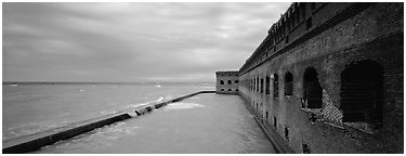 Oceanscape with brick wall. Dry Tortugas National Park (Panoramic black and white)