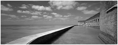 Moat and Fort Jefferson brick wall. Dry Tortugas  National Park (Panoramic black and white)