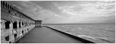 Seascape with fort and seawall. Dry Tortugas  National Park (Panoramic black and white)