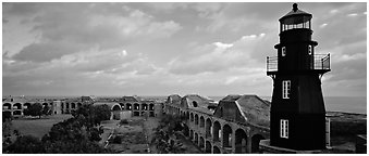 Lighthouse and Fort Jefferson. Dry Tortugas National Park (Panoramic black and white)