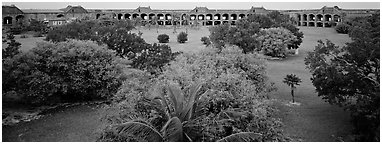 Grassy courtyard of Fort Jefferson. Dry Tortugas National Park (Panoramic black and white)