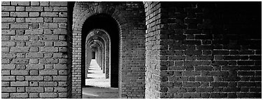 Brick walls and arches. Dry Tortugas  National Park (Panoramic black and white)