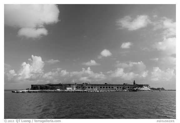 Garden Key and Fort Jefferson from water. Dry Tortugas National Park (black and white)