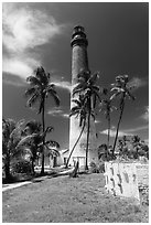 Palm trees, keeper house, and Loggerhead Light. Dry Tortugas National Park, Florida, USA. (black and white)