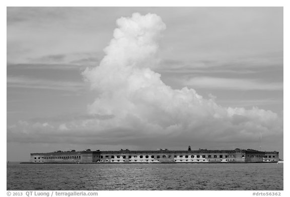 Fort Jefferson and cloud seen from the West. Dry Tortugas National Park (black and white)