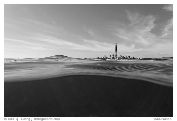 Split view of waters and Loggerhead Light. Dry Tortugas National Park (black and white)