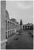 Fort Jefferson, harbor light, interior courtyard at sunset. Dry Tortugas National Park, Florida, USA. (black and white)