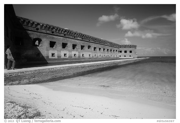 Park visitor looking, North Beach and Fort Jefferson. Dry Tortugas National Park (black and white)