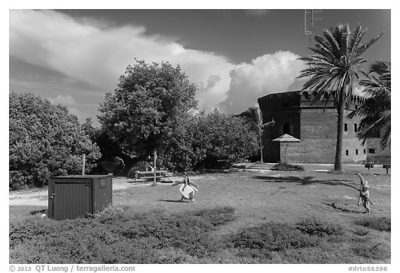 Children walking in campground. Dry Tortugas National Park (black and white)