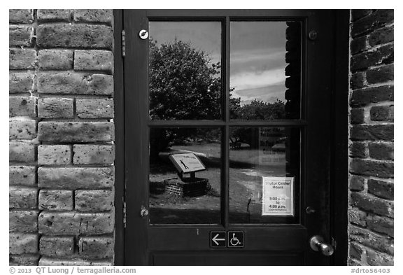 Fort Jefferson courtyard, visitor center window reflexion. Dry Tortugas National Park, Florida, USA.