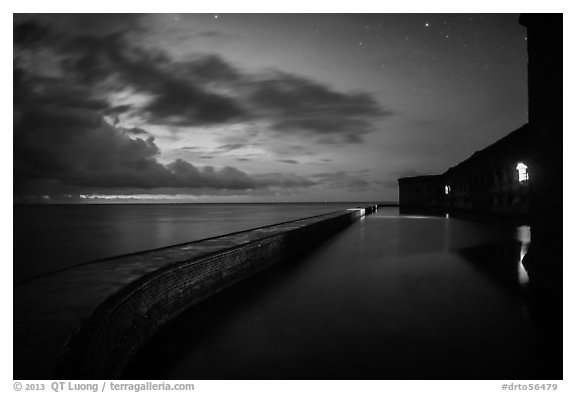 Fort Jefferson at dusk with stars. Dry Tortugas National Park (black and white)