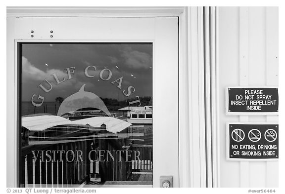 Marina and Gulf, Gulf Coast Visitor Center window reflexion. Everglades National Park, Florida, USA.