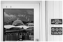 Marina and Gulf, Gulf Coast Visitor Center window reflexion. Everglades National Park ( black and white)