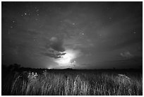 Sawgrass prairie with cloud lit by lightening. Everglades National Park, Florida, USA. (black and white)