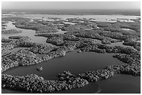 Aerial view of Ten Thousand Islands and Chokoloskee Bay. Everglades National Park, Florida, USA. (black and white)