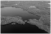 Aerial view of lake with elevated camping platforms (chickees). Everglades National Park, Florida, USA. (black and white)