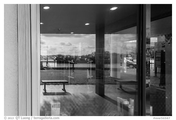 Marsh, Royal Palms Visitor Center window reflexion. Everglades National Park (black and white)