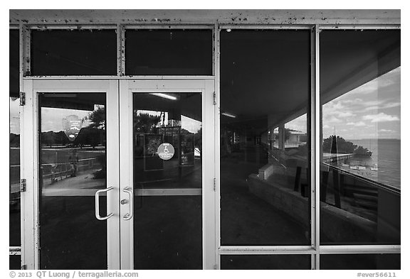 Florida Bay and lawn, Flamingo visitor center window reflexion. Everglades National Park (black and white)