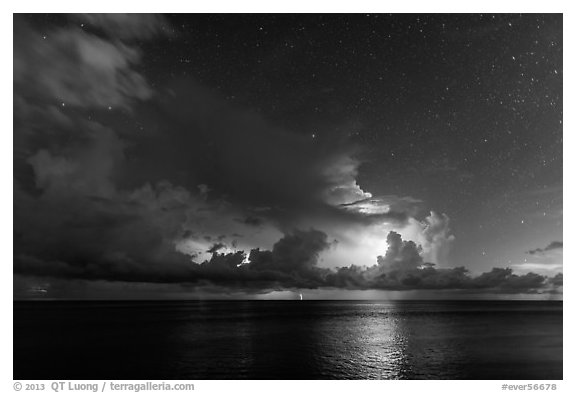 Lightening over Florida Bay seen from the Keys at night. Everglades National Park (black and white)
