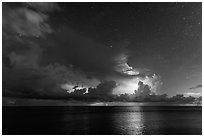 Lightening over Florida Bay seen from the Keys at night. Everglades National Park, Florida, USA. (black and white)