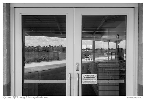 Road and slough, Shark Valley visitor center window reflexion. Everglades National Park (black and white)