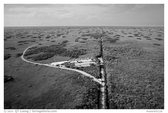 Aerial view of visitor center and loop road, Shark Valley. Everglades National Park (black and white)