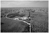 Aerial view of visitor center and loop road, Shark Valley. Everglades National Park ( black and white)