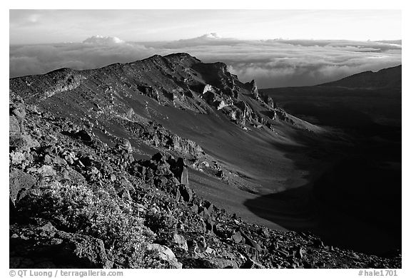 Haleakala crater from White Hill at sunrise. Haleakala National Park (black and white)