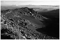 Haleakala crater from White Hill at sunrise. Haleakala National Park, Hawaii, USA. (black and white)