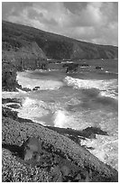 Seascape with waves and coastline, and cliffs,  Kipahulu. Haleakala National Park, Hawaii, USA. (black and white)