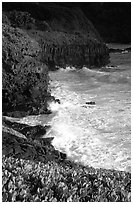 Waves and cliffs at Kipahulu, morning. Haleakala National Park, Hawaii, USA. (black and white)