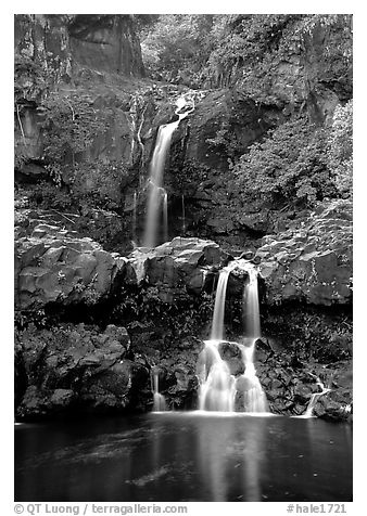 Waterfall in Ohe o gorge, evening. Haleakala National Park (black and white)