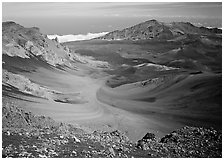 View of Haleakala crater from White Hill with multi-colored cinder. Haleakala National Park, Hawaii, USA. (black and white)