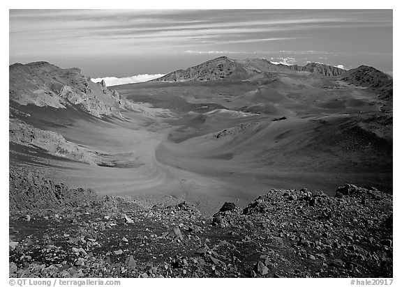 Colorful cinder in Haleakala crater seen from White Hill. Haleakala National Park (black and white)