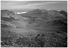 Colorful cinder in Haleakala crater seen from White Hill. Haleakala National Park, Hawaii, USA. (black and white)