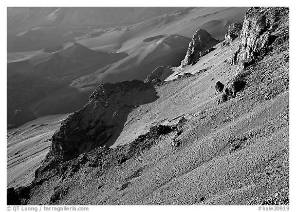 Haleakala crater slopes and cinder cones at sunrise. Haleakala National Park (black and white)