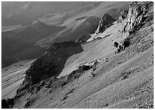 Haleakala crater slopes and cinder cones at sunrise. Haleakala National Park, Hawaii, USA. (black and white)