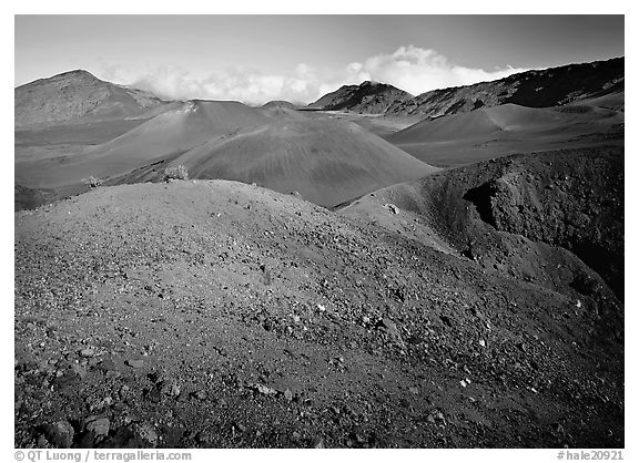 Colorful cinder in Haleakala crater from Sliding sands trail. Haleakala National Park (black and white)