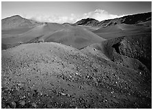 Brightly colored  cinder in Haleakala crater from Sliding sands trail. Haleakala National Park, Hawaii, USA. (black and white)