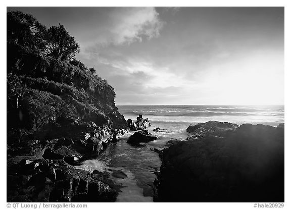 Ohe o Stream flows into the Pacific at sunrise. Haleakala National Park (black and white)