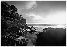 Ohe o Stream flows into the Pacific at sunrise. Haleakala National Park, Hawaii, USA. (black and white)