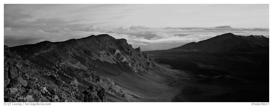 Crater and sea of clouds at sunrise. Haleakala National Park (black and white)