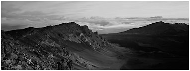 Crater and sea of clouds at sunrise. Haleakala National Park (Panoramic black and white)